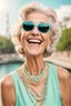 Placeholder: an happy older woman wearing sunglasses, vintage pastel outfit, and a necklace. She has a wide smile on her face and is laughing, in background blur bridge, natural light , high detailed, sharp focus, photorealistic, happy mood