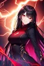 Placeholder: girl, masterpiece, best quality, cinematic lighting, detailed outfit, vibrant colors, perfect eyes, black hair, long hair, vibrant red eyes, lightning magic, angry, smile, evil look,