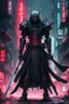 Placeholder: samurai robot in black cloak in a cyberpunk environment and big blood sword