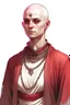 Placeholder: full length, gangly, 22-year old, shaved head, nordic looking grey-eyed female human cleric with a red beaded necklace, no face markings