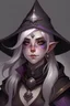 Placeholder: portrait dnd gnome, obsidian marble skin, purple eyes, white hair, alatriste hat, female