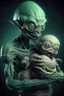 Placeholder: a horror alien holding a beautiful baby
