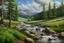 Placeholder: Bowtie, Tokyo Japan, Nature, Scenery, Rural Area taken over by nature, Bob Ross styled, River, Oil Painting.