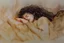 Placeholder: Small girl with long curly brown hair sleeping in god's hand (a big, clear hand) watercolor and ink, golden patina, glitters in ochre, backlit, mist and fog