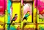 Placeholder: there are two birds sitting on a ledge next to a window, colorful mural on chipped walls, by Saurabh Jethani, photomanipulation, pink and yellow, by Liza Donnelly, diptych, eye catching composition, open window, open door, double exposure, double entendre, dramatic, dynamic, whizz dynamics, liminal vibe, amazing reflections, great contrasts, excellent verticals, perfect parallels, orange tint, socinlars vibe