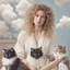 Placeholder: Portrait of woman with curly hair sitting in room full of clouds and fluffy kittens