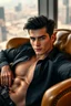 Placeholder: A dynamic portrait of a young, charismatic CEO in his early 20s, with lustrous black hair and piercing blue eyes, exuding confidence and charm. He leans back in an opulent, golden-accented leather chair, his shirt partially unbuttoned, revealing a hint of his chest. The scene is bathed in soft, ambient lighting that highlights his chiseled features, while the city can be seen through a large window in the background. semi realistic