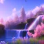 Placeholder: fleurs gigantesques et délicates roses et bleues en premier plan, ciel rose et bleu, cascades en arrière plan , ambiance ensoleillée très réelle, 8k