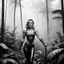Placeholder: [photo by helmut newton: humid foggy jungle forest] the foreground in the fog, the background is barbarella in tattooed alien warrior, she faces the camera, smiles, and points the camera to say "THANK YOU" [bokeh]