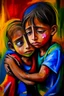 Placeholder: a girl hug her brother and both crying sadly, expressionism, Pixar style, in abstract art Basquiat, Picasso, Miro, Kandinsky, Klee, Birell, Fairey, Ardon, Buffet aand Picasso style, HD --s 750 --v 5.1 --style raw, water color