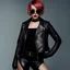 Placeholder: full body portrait -- an absolutely stacked female strawberry with pixie-cut hair, a perfect hourglass figure, perfect face, wearing a studded, black leather biker's jacket and pants with 12-inch platform boots and goggles,