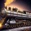 Placeholder: Steampunk locomotive train, ornate silver and gold engraved, white smoke billowing from the chimney as it passes through a narrow gap surrounded by tall trees. Stars and Galaxies fill the night sky.