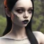 Placeholder: Jenna ortega black dress,soft goth libstick, wednesday addams family make up, brad double wig, addams family style, highly detailed, volumetric lighting, unreal engine, 8k