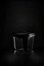 Placeholder: transparant plastic cilinder shaped container, view from the front, dark studio setting, black background