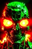 Placeholder: Face of an evil robot with a demonic smile, white eyes, surrounded by flames, youthful green light, fire starter in the background