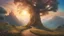 Placeholder: A dreamy landscape with mushrooms and a old, huge tree in the center. Fantasy roads of light going towards the tree. The sun is going down behind the tree. Mountains and a old castle in the background. Digital Art, Masterpiece. Fantasy. Dream. Dreamy. Surreal.