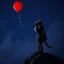 Placeholder: fantastical photography, Pennywise werewolf with a tail and furry body standing on all fours yelling at a red balloon in the night sky, on a boulder at midnight, fog, low contrast,