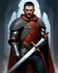 Placeholder: Medieval military captain, weathered face, short black hair, piercing grey eyes. Wearing chainmail armor with royal insignia, red cape. Noble posture, commanding presence. Serious expression. Long sword at his side with royal crest. Realistic fantasy style, dramatic lighting.