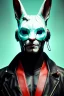 Placeholder: Medium Close Up Portrait, Front image. cyberpunk, rabbit mask, British man, white short hair. leather, gold suit. White, black, red, color. Ghost in the shell style. Color background, photo studio. Avatar image, highly detailed, concept art, smooth, unreal engine 5, god rays, ray tracing, RTX, lumen lighting, ultra detail, volumetric lighting, 3d, finely drawn, high definition, high resolution.