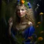 Placeholder: captivating conceptual portrait featuring a Swedish woman with cascading, ethereal hair and an enchanting aura. Her flowing gown is adorned with a diverse array of wildflowers, including Fireweed, Linden flower, Meadow sweet, Cornflower, St. John's wort, Stinging nettle, and Peppermint plant. Her delicate hand tenderly touches a mystical blackbird