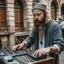 Placeholder: A bearded DJ with a hat on his head at the DJ console, many electronic consoles around, play middle street of medieval city, FRONT VIEW