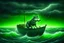 Placeholder: A giant lumbering grey wolf attacks a tiny boat in a stormy sea, a dark, ominous image, black, turquoise (a little closer to green) and white colours, rain, wind, lightning, dynamic, surreal. And a cat. Definitely a cat.