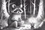 Placeholder: At dusk a curious raccoon explores the forest. Tiptoeing into human campsites, intrigued by human artifacts they found.- Pencil drawing, realistic, graphite