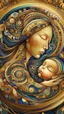 Placeholder: A digital artwork of women with her baby adorned with intricate patterns and designs. The figure's face is covered in swirling lines, circles, and other abstract patterns in hues of mocha, navy and gold.The background is a colorful glass , with abstract patterns that complement the figure's design. The overall ambiance of the image is dreamy and surreal.