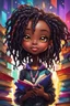 Placeholder: A sassy futurism ABSTRACT colorful art cartoon black chibi girl LOOKING DOWN, surrounded by colorful BOOKS. Looking up coyly, she grins widely, showing her Teeth. Highly detailed black shiny dread locs , regal expression.
