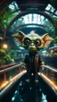 Placeholder: fish-eye of furry hairy pimp rocker priest alien gremlin on boat bridge over water slide in dark lit reflective wet jungle metallic hall dome hotel tunnel, in the style of fallout 4 game,bokeh like f/0.8, tilt-shift lens 8k, high detail, smooth render, down-light, unreal engine, prize winning