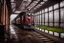 Placeholder: An old vintage train station on a foggy day, add deep dark color and reflections in and around the old stempunk train
