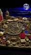 Placeholder: bird's eye view of shipwreck, seashore, moonlit night, foam waves, stands out an ancient crown set with ruby and different indecipherable coins between salt and sand, a wig, gloves, a compass , an abacus, in the style of paul klee