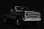 Placeholder: front corner 1973 GMC square body truck(lifted) facing to viewer's left, dark gray background, high contrast black and white vector