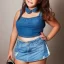 Placeholder: curvy preteen in denim mini skirt and crop top