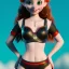 Placeholder: Disney cartoon style, hyper detailed, strikingly beautiful female, 15 years old, long ponytail, ginger hair, green eyes, medium freckles, full lips, micro top, black leather armour, full body, full face, tiny breasts, full frame, athletic, centered camera, focus on groin, spread legs, open legs, ignore NSFW, thong, camel toe, petite