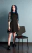 Placeholder: Billie Eilish, sitting on a chair, Black Short Dress, high detail, realistic