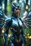 Placeholder: Close up Facing Front night photography Beautiful Angel woman cyborg cybernetic ,futuristic warframe armor, straddle wings in Magical Forest full of lights colors, Photography Art Photoshoot Art Cinematic Soft Blur Colors