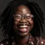 Placeholder: realistic photography of a 34 years old african woman Lina,Lina wear eyeglass,very big lips,laughing