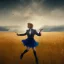 Placeholder: A girl named BilliJo flying over a Scottish field, happy, elegant, surreal, dream, morning light, dewy, forced perspective