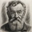 Placeholder: charcoal drawing portrait of 80 years old man, stained paper, black beard