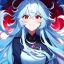 Placeholder: Clear focus, 8k, beautiful lighting, vibrant colors, girl, light blue hair, long hair, vibrant red eyes, messy hair, angry, smile,