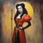 Placeholder: a Hideous, horrifying, frightening black-haired Snow White the evil vampire witch, wearing a red leather sling suit with a gold/yellow bat emblem on the waist, dark, multicolored watercolor stained wall in the background, oil painting in the art style of Frank Frazetta, 32k UHD, Hyper realistic, photorealistic, realistic, sharp, highly detailed, professional quality, beautiful, awesome, majestic, superb, trending on artstation