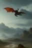 Placeholder: detailed oil painting, renaissance style, of dragon flying across an open field, breathing fire, mountains in distance