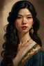 Placeholder: Portrait of a beautiful black haired woman in semi realism style, a historical princess wearing a beautiful British medieval style, slim and fair, looks like Olivia rodrigo, in Korean novel semi-realism style