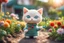 Placeholder: photorealistic image, knitted and embroidered chibi anime gardener cat watering flowers, ecuador landscape, S<AI in sunshine, ethereal, cinematic postprocessing, bokeh, dof