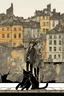 Placeholder: Three teenage street children two boys and one punk girl in book-cover poses on the screen of an old town plus a black cat as a companion, dark graphic style, Banksy style, Klimt style, Kandinsky style, Gaiman style