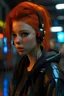 Placeholder: une jeune femme rousse dans l'univers cyberpunk image réaliste