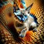 Placeholder: A high-speed action shot of a young Siamese kittenwith brown ears, captured in mid-leap or play. The image is detailed and intricate, featuring swirling fractal patterns surrounding the kitten, enhancing the sense of motion and energy. In the background, there's a mesmerizing fractal landscape, with complex geometric shapes and vibrant colors. The landscape and the fractal patterns around the puppy blend seamlessly, creating a dynamic and visually captivating scene in space with chrome silver pl