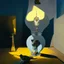 Placeholder: Abstract painting formed by a mix of human flesh-like surgical instruments and universe-like neuralink, a cat looking at a pigeon inside a huge bulb between light and shadow at dusk,surrealism,minimalism,Painting By Adrian Ghenie, Rene Magritte, Salvador Dali, Lucian Freud