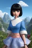 Placeholder: 3D Disney Princess type - full body - Horror of the Planet of the Grapes - black hair, Deep Blue Eyes - head and shoulders portrait - Lenna, part grape, part human, short, bowl-cut, straight black hair, the bangs cut straight across the forehead, she resembles a China doll, and she resembles Spock - Mountains, blue skies, clouds, red roses, blue roses, yellow roses, honeysuckle roses, carnations, lilacs, professional quality, 32k, UHD, glossy, 1080p, Extremely high resolution Digital photograph